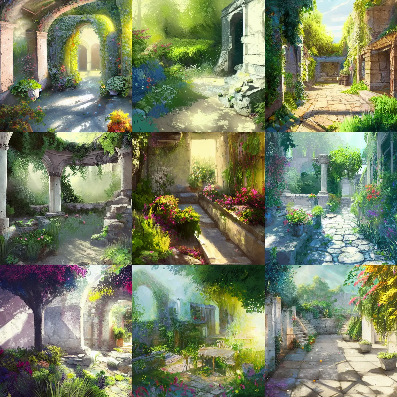 Prompt: a bright sun-dappled forgotten garden terrace amidst ancient overgrown ruins of white stone, painterly background art, digital painting by Anya Jo Elvidge, ArtStation, concept art, landscape illustration, vivid colours, shape language, evocative, bounced light, expressive, atmospheric, volumetric light, wide angle