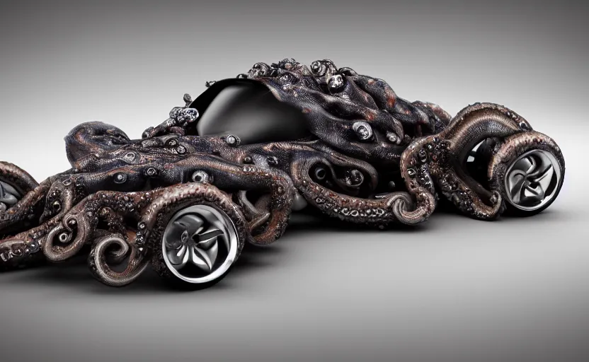 Prompt: car made of octopus, luxury HD render, sports car with tentacles, car made of shiny octopus flesh, half car half octopus, 4k