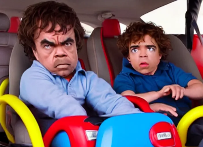 Image similar to peter dinklage racing gary coleman driving a little tikes cars, movie still, from the new fast and furious movie, 8 k, realistic