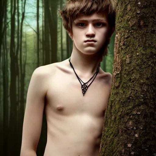 Prompt: a teenage boy, around 1 6 yo. spike necklace. natural brown hair. loincloth, pale skin. detailed face. ominous and eerie looking forest in background. natural colors. hyperrealistic photo.