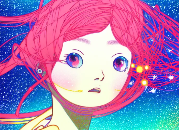 Image similar to portrait of a young girl dancing in space,Hiroyuki Imaishi,Studio Trigger,gustav klimt, kawaii, manga, bright colors,beautiful, 28mm lens,gradation,loish, rule of thirds fibonacci, Ilya Kuvshinov, Kyoto Animation,Mucha,Murata Range, fine detail