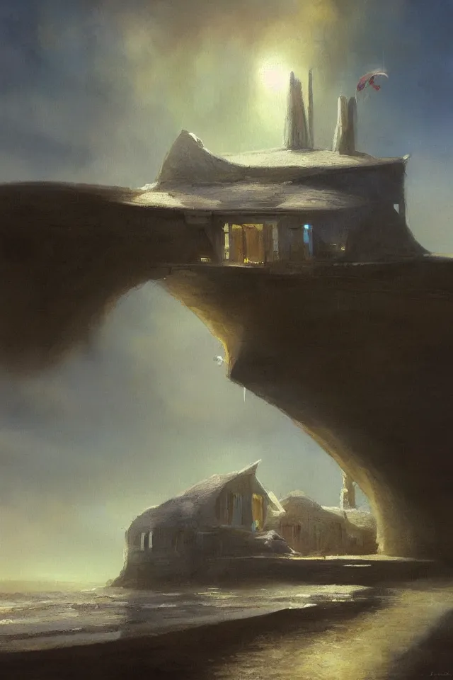 Image similar to painting of a giant seashell house where a young girl lives by john harris, atmospheric, concept art