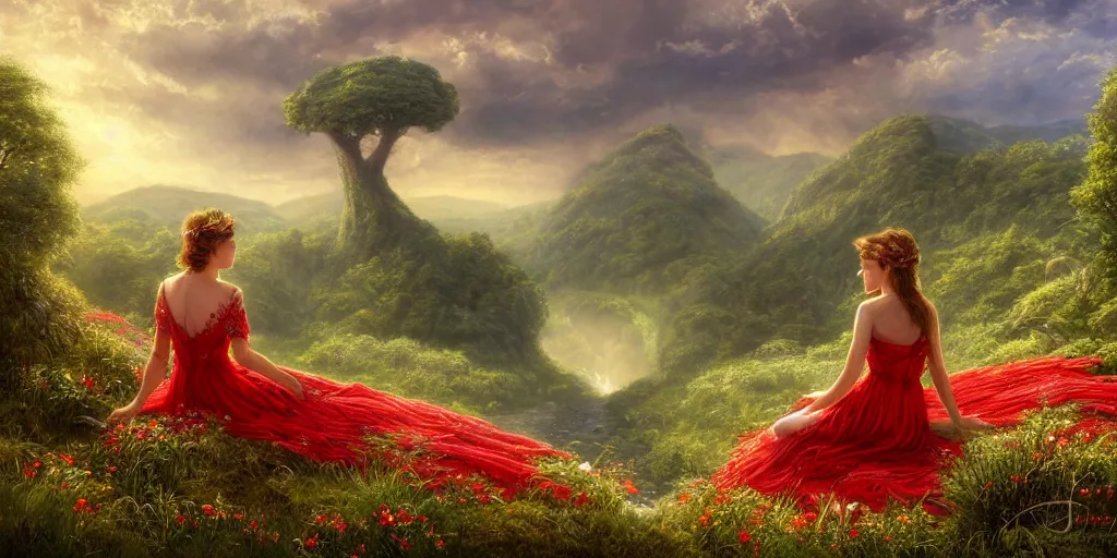 Image similar to an elegant fairy queen in a red lace dress sitting and looking out at a lord of the rings scenery landscape, vast lush valley flowers and giant mushroom structures, river, sunrise, god's rays highly detailed, vivid colour, soft clouds, floral sunset, cinematic lighting, perfect composition, 8 k, gustave dore, derek zabrocki, greg rutkowski, belsinski