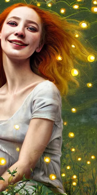 Image similar to a totally enraptured smiling young woman surrounded by golden firefly lights in a mesmerizing scene, sitting amidst nature fully covered, intricate detailed dress, long loose red hair, precise linework, accurate green eyes, small nose with freckles, smooth oval head, expressive emotions, hyper realistic ultrafine portrait by artemisia gentileschi, jessica rossier, artgerm