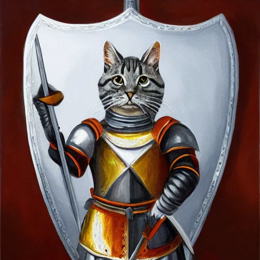 Image similar to grey tabby cat dressed as a knight in shining armor with sword and shield oil painting