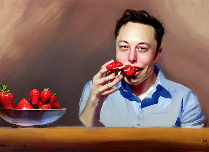 Image similar to a highly detailed beautiful portrait of elon musk eating strawberry by gregory manchess, james gurney, james jean