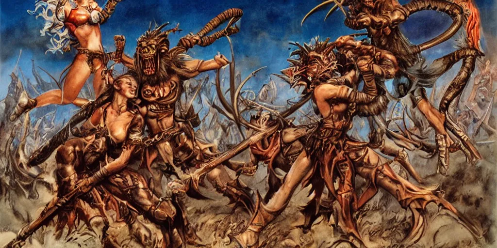 Image similar to Epic fantasy battle between krampus and warrior-girls, illustrated by Boris Vallejo and H.R. Giger