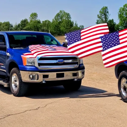 Prompt: pgoto of biden pickup trucks with american flags, there are very attractive woman in the back of the truck.