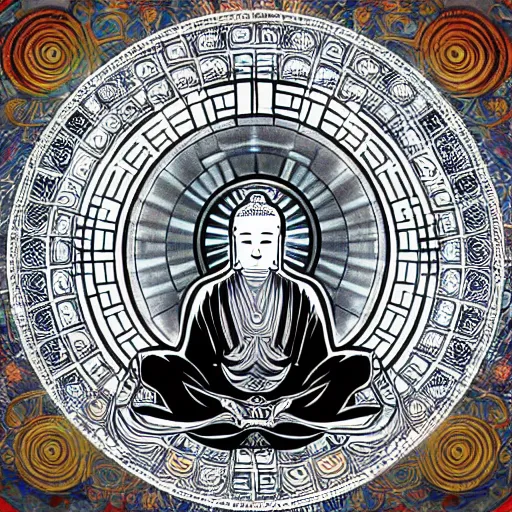 Image similar to 2 d techno buddah dreaming of the ying yang in front of concentric geometric radial sun portal with ancient wuji symbols embedded within it, ornate details, hyper realism, yoshitaka amano, alphonse mucha