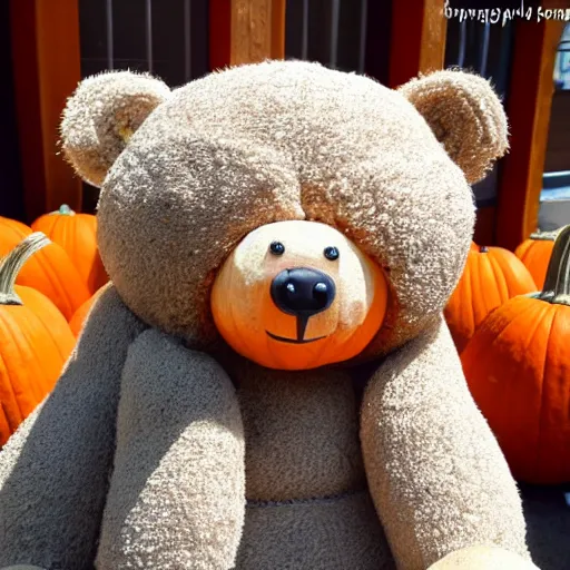 Prompt: a cute smiling bear made out of pumpkins