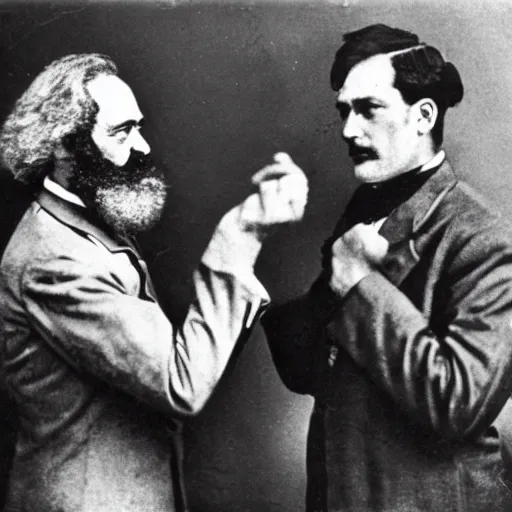 Image similar to Karl Marx and Ayn Rand boxing, photo, 1920, boxing ring background