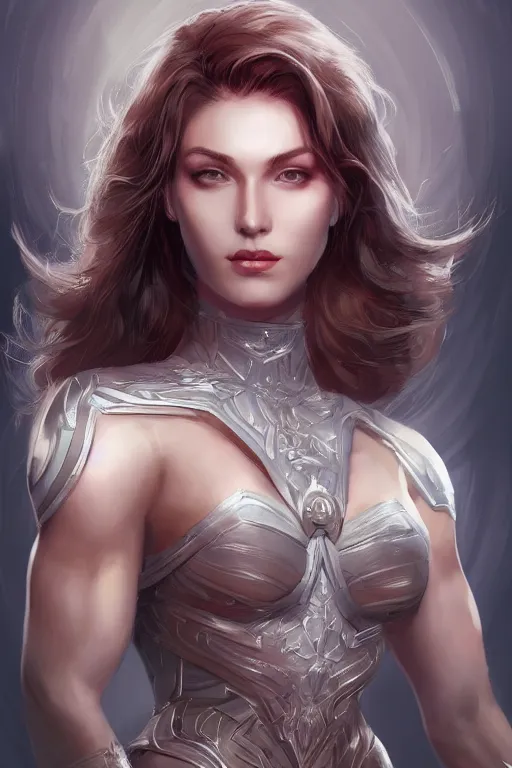 Image similar to three-quarters portrait pose of a beautiful woman, strong body,super heroine costume, human super powers, fantasy, intricate, elegant, highly detailed, digital painting, artstation, concept art,shining, sharp focus,D&D, illustration, art by Stanley Lau