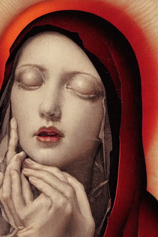 Prompt: extreme close-up portrait of crying virgin mary in darkness, face is sliced into squares, red tears, in style of classicism and surrealism, hyper detailed