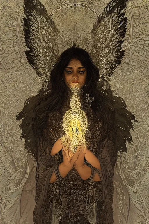 Image similar to Sri lankan girl as a winged angel covered in eyes with glowing halo, iridescent, seraphim, fantasy, intricate, elegant, highly detailed, digital painting, artstation, concept art, smooth, sharp focus, illustration, art by Krenz Cushart and Artem Demura and alphonse mucha