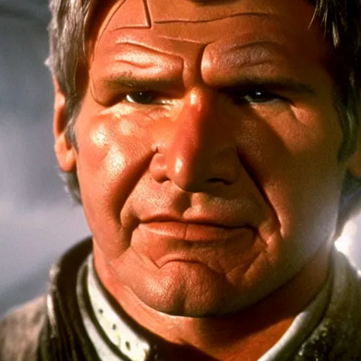 Prompt: head and shoulders portrait 3 5 mm cinema still of harrison ford playing the role of an uruk hai