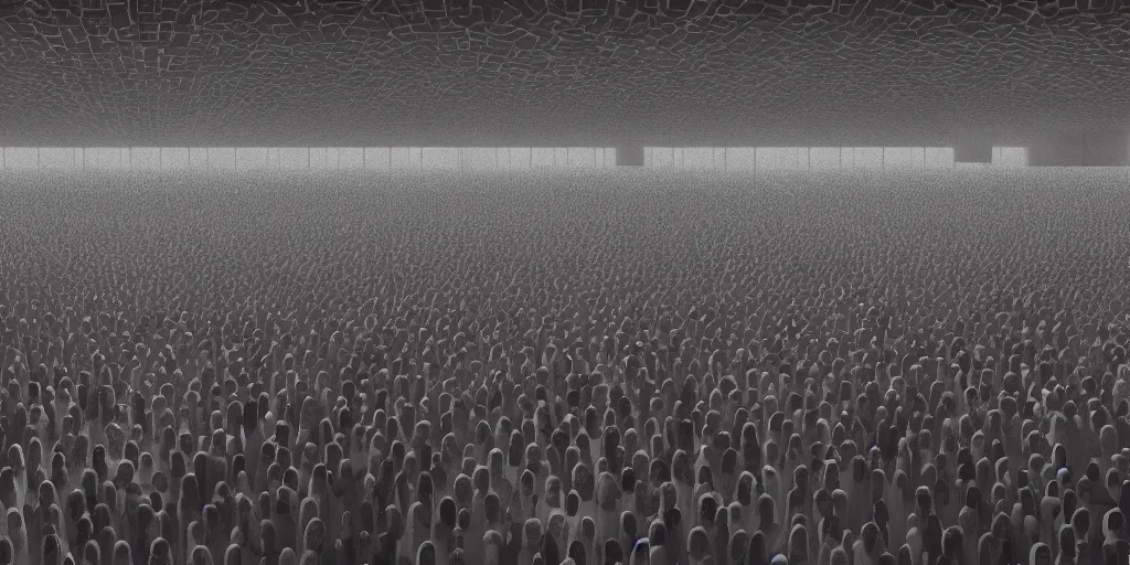 Prompt: simple photograph of an Orwellian and dystopian pale crowd, defeated and sad, head down, forced to go through security checks and biometric scans, hyper detailed, terror glows, hyper realistic, digital painting, 8k, 35mm film grain, octane render