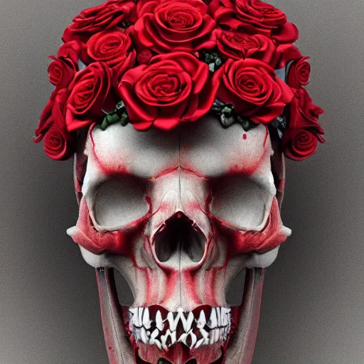 Image similar to skull made of red roses, organic horror, devil, death, giger, epic, baroque, art nouveau, james jean, photorealistic render, 3 ds max + v - ray, extremely detailed and intricate, center composition, elegant, vfx, unreal engine 5, octane render, extremely contrast, extremely sharp lines