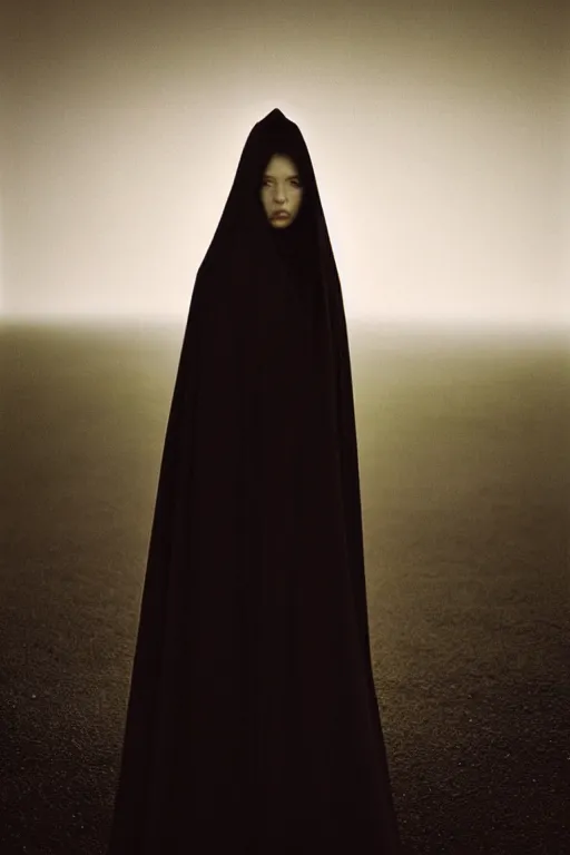 Image similar to a girl wearing long futuristic dark cloak by yohji yamamoto standing in a shadow of the moon light, sense of mystery, muted colors, simple shapes, long shot, full shot, by bill henson, by gregory crewdson, golden ratio, perfect composition, dramatic, fine detail, intricate, octane render, 8 k