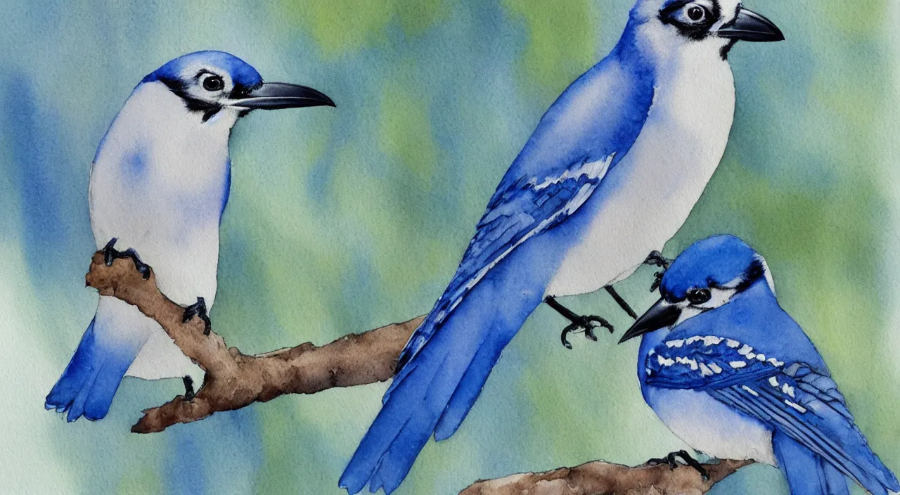 Prompt: watercolor painting of one bluejay, one raven, beautiful,