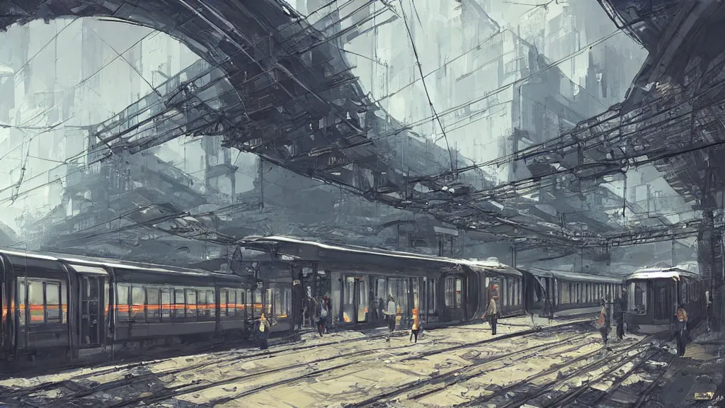 Prompt: A train station that serves trains and cable cars, brutalist architecture, craig mullins style, solarpunk, concept art