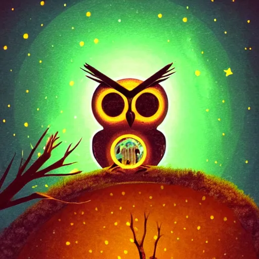 Prompt: mechanical owl inside a hole in a tree, red eyes glowing, night sky with full of stars, in the middle of forest, illustration, 2 d style, hand drawn, realistic style, futuristic, cinematic lighting, high key lighting, high contrast, golden ratio