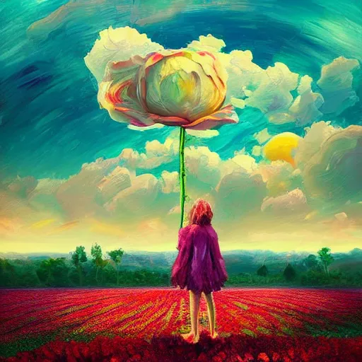 Image similar to giant rose as a head, girl standing in a flower field, surreal photography, sunrise dramatic light, impressionist painting, colorful clouds, digital painting, artstation, simon stalenhag