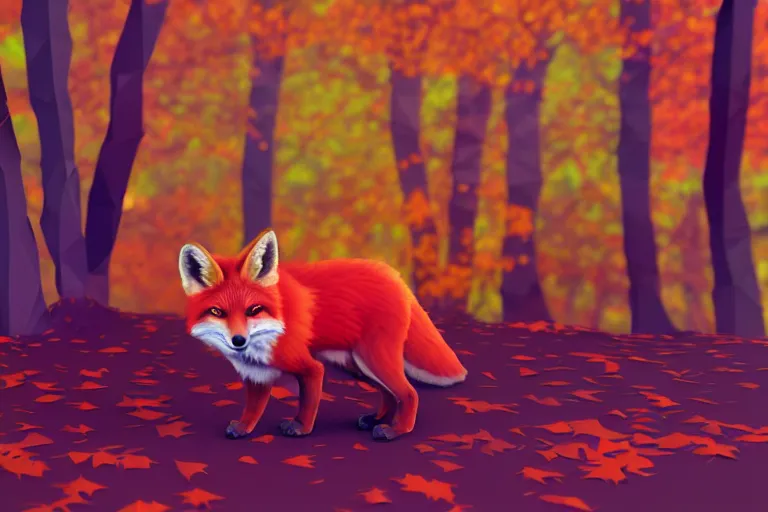 Prompt: super detailed color lowpoly art, red fox in an autumn maple forest, unreal engine, retrowave color palette, 3 d render, lowpoly, colorful, digital art, perspective