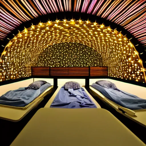 Prompt: cybernetic sleeping pods, diverse humans sleeping in healing pods, humans sleeping in healing pods, wide wide angle, vivid, elaborate, starry forest, highly detailed, beautiful dim lighting