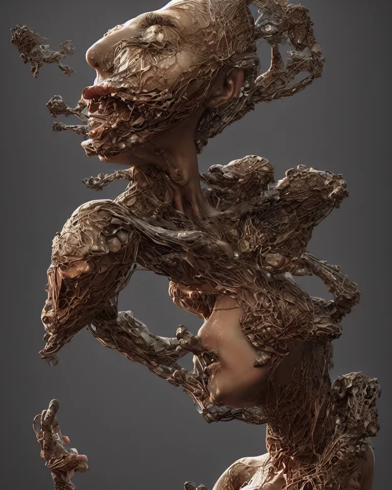 Image similar to a sculpture of a gorgeous etherial female, breaking apart, metaphysical paintings, Andrew Ferez, jeremy geddes, cosmic horror, octane render, trending on cgsociety, featured on zbrush central, grotesque, vanitas, new sculpture, mystical