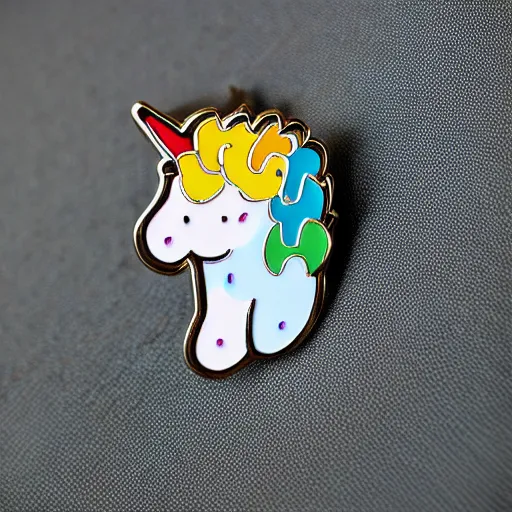 Prompt: rainbow unicorn enamel pin, product photography