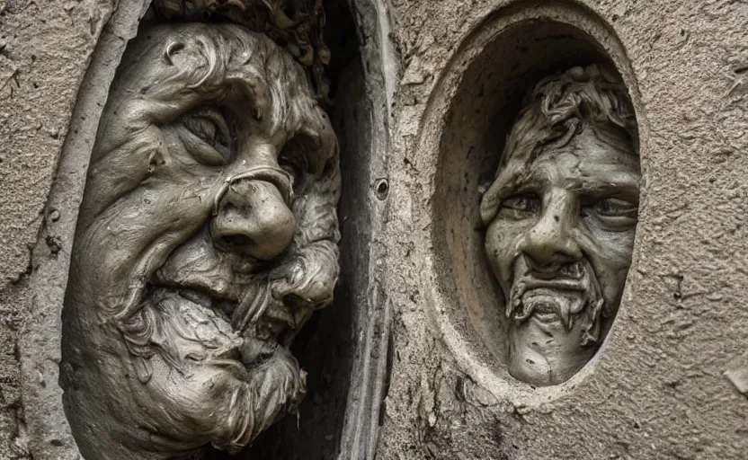 Prompt: several decrepit creepy statues of the archangel gabriel smiling, placed throughout a dark claustrophobic old sewer, realistic, underexposed photography, security camera footage, wide shot, sinister, foreboding, grainy photo