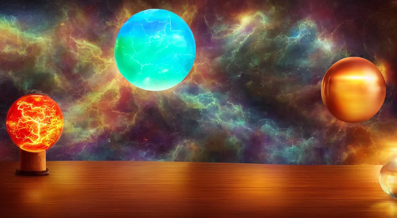 Prompt: Large glass orb containing colorful energetic storms sits on a satin cloth on the wooden table, lit by godlight, photorealistic, cinematic, depth of field, award winning, high resolution, intricate details.