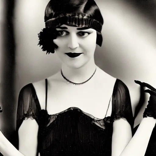 Prompt: a 1 9 2 0 s flapper woman extending her hand in black satin gloves toward the camera, looking at the camera with a smirk : : a jazz party with 1 9 2 0 s people dancing is happening in the background behind her in a dimly lit speakeasy, circa 1 9 2 4, depth of field, realistic oil painting