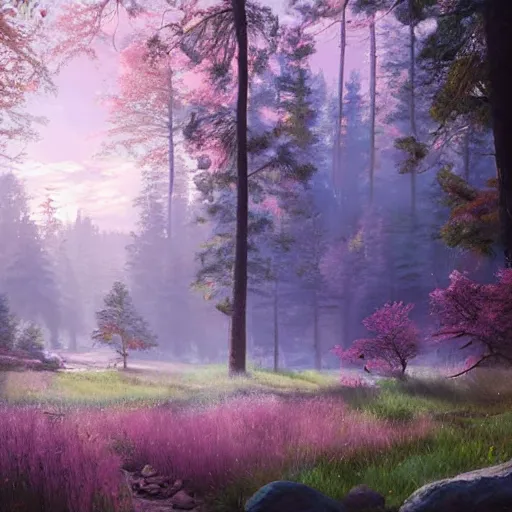 Prompt: solace hermatige cottage peaceful clouds beautiful woods trees pine, nice view, gradient of pink and blue, mystical realistic poster with shaded lighting by craig mallismo, artgerm, jeremy lipkin and michael garmash, unreal engine, radiant light, detailed and complex environment city utopia