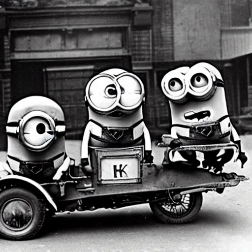Image similar to minions from despicable me ridding a half - track motorcycle with a single front wheel, better known as the kleines kettenkraftrad hk 1 0 1, in the empty and destroyed london, circa 1 9 3 9, 4 k hd