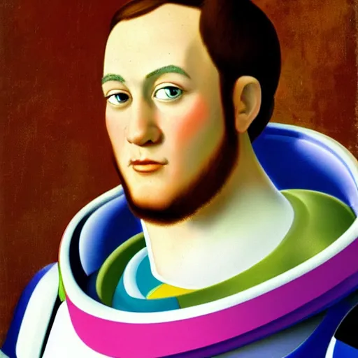Prompt: a renaissance style portrait painting of Buzz Lightyear