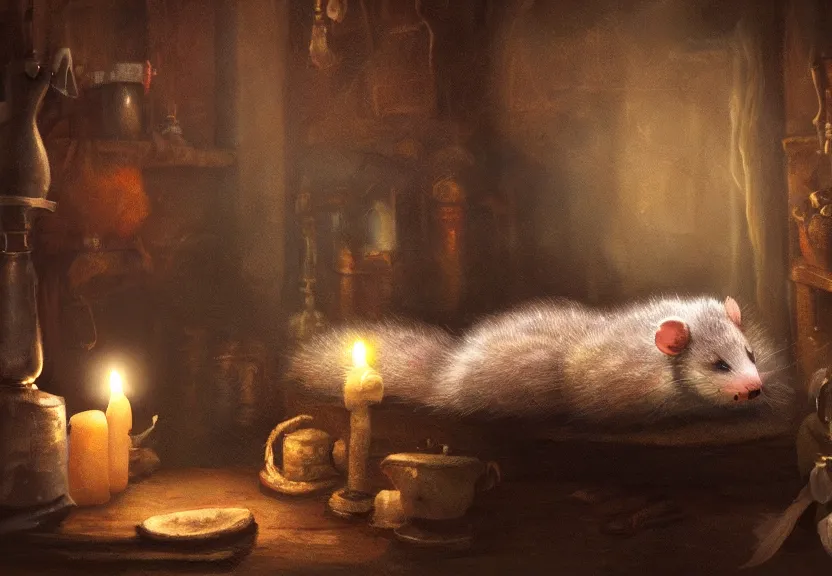 Image similar to cute possum sleeping on a bed in a medieval cluttered cottage at night under the dim light of a candle, dark fantasy, dreaming illusion, trending on artstation