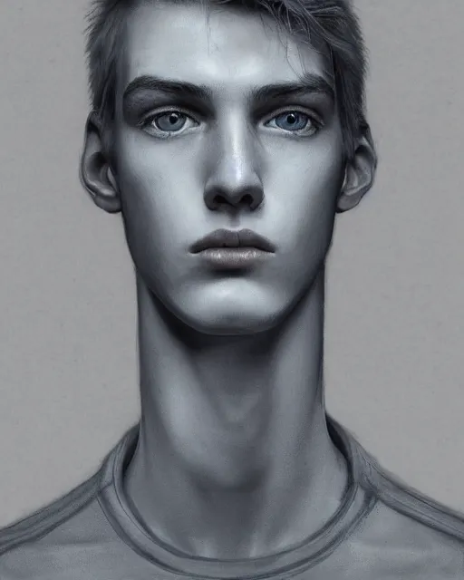 Image similar to portrait of 1 5 - year - old boy, a tall, slender boy with a pale, pointed face, white - blond hair, cold grey eyes, wearing in shirt hyper realistic face, beautiful eyes, fantasy art, in the style of greg rutkowski, intricate, hyper detailed, smooth