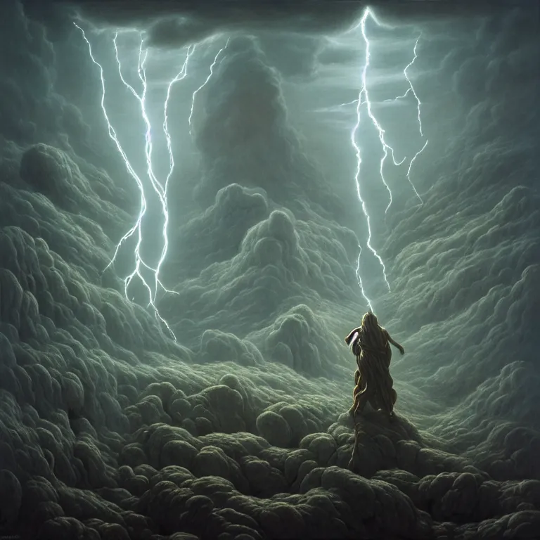 Image similar to asgardian god of thunder, covered with lightning by beksinski, psychedelic trippy visionary art, soft bloom lucid dream - like atmosphere, baroque painting, perfect composition, detailed octane render trending on artstation, 8 k artistic photography, volumetric cinematic perfect light, chiaroscuro, masterpiece, raphael, caravaggio, beksinski, rutkowski, beeple