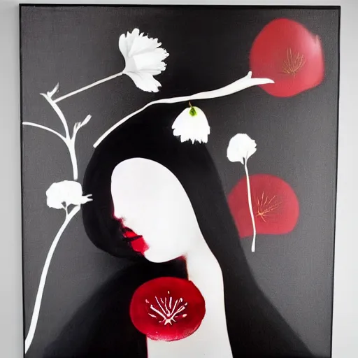 Image similar to “art in an Australian artist’s apartment, portrait of a woman wearing stained white cotton cloth, yin Yang, golf leaf, stained by fresh raspberries and strawberries and blueberries, white wax, edible flowers, Japanese pottery, Australian native white and red flowers ikebana, black walls, acrylic and spray paint and oilstick on canvas”