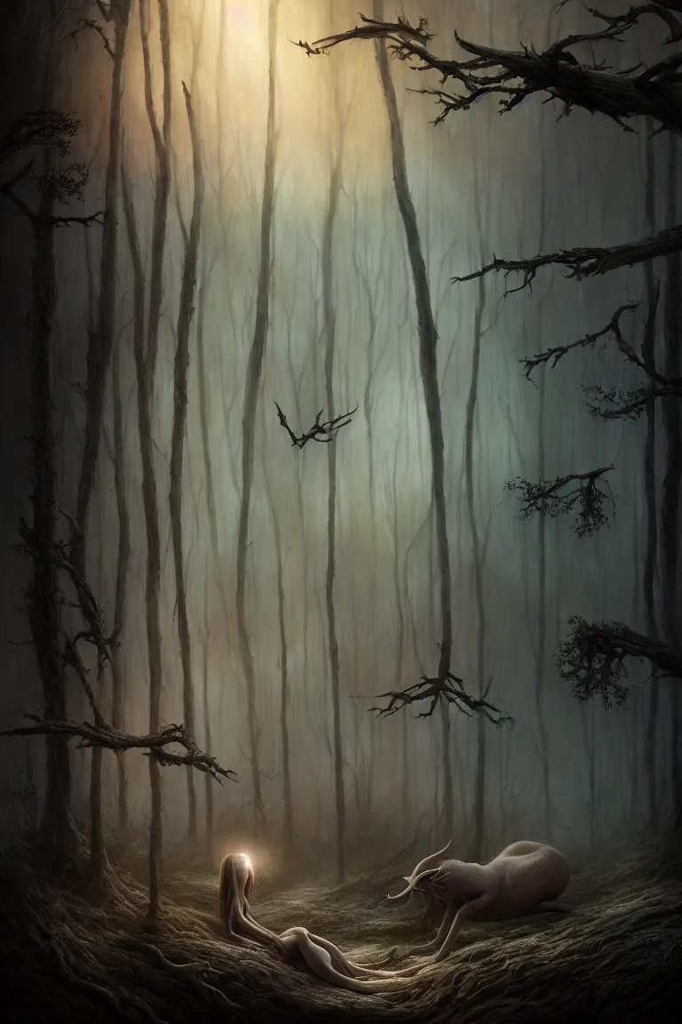 Image similar to epic professional digital art of hungry eyes, ambient taupe light, painted, mysterious, closeup cinematic forest scene, eerie, mythic, detailed, intricate, grand, leesha hannigan, wayne haag, reyna rochin, ignacio fernandez rios, mark ryden, van herpen, artstation, cgsociety, epic, stunning, gorgeous, wow wow detail