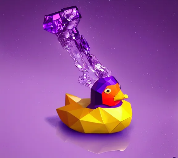 Image similar to shiny gemstone in the shape of a low - poly rubber duck floating in a pool of purple perfume, glistering magic particles, photorealism, mystical, enigmatic, digital oil painting, trending on artstation