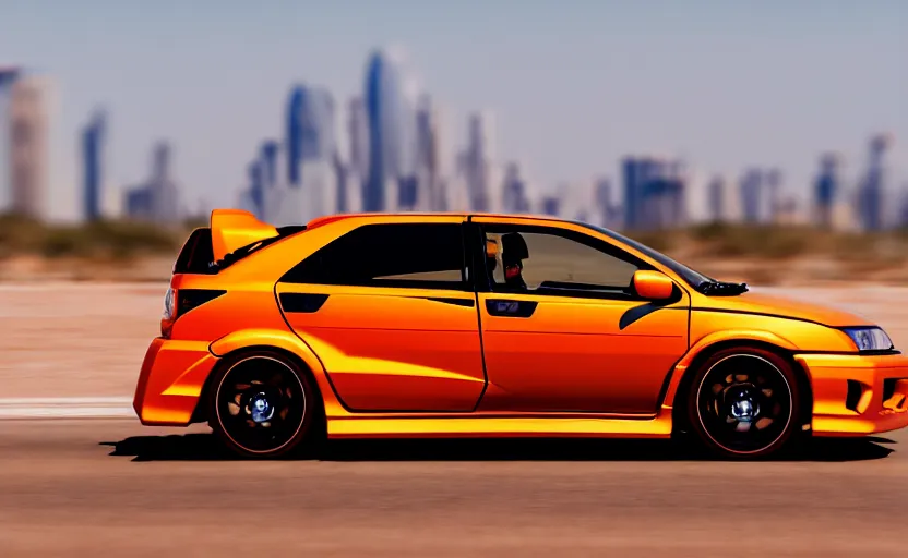 Image similar to photograph of a cell-shaded orange Honda EK9 Type-R, speeding on a desert road with a futuristic city in the horizon, kicking up dirt, action shot, one point perspective, sigma 85mm f/1.4, 4k, depth of field, high resolution, 4k, 8k, hd, full color