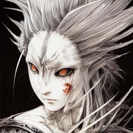 Image similar to yoshitaka amano realistic illustration of an anime girl with black eyes, wavy white hair fluttering in the wind and cracks on her face wearing elden ring armor with engraving, abstract black and white patterns on the background, noisy film grain effect, highly detailed, renaissance oil painting, weird portrait angle, three quarter view