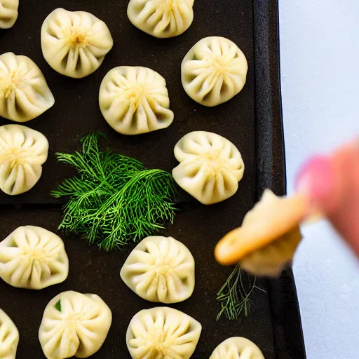 Prompt: a 5 0 mm macro shot of hot dumplings with dill, gooey, depth of field, high resolution