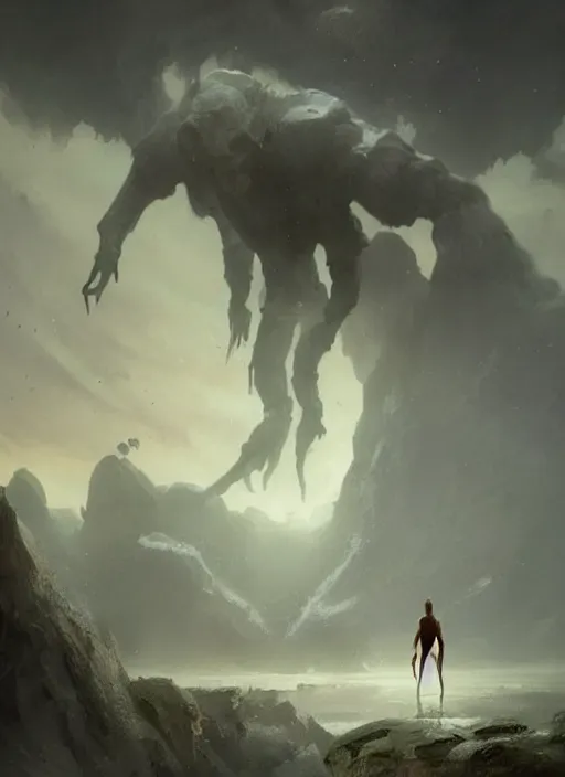 Image similar to a beautiful terrifying pale humanoid giant looms over a tiny human. ethereal fantasy art by greg rutkowski