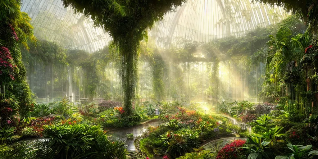 Prompt: long shot of a bright sun shining through a gardens in the bay interior, glass conservatory, over grown botanical garden, pre raphaelite, atmospheric, ground mist, waterfalls, light streams, style of gardens in the bay singapore, art by artgerm, sharp, intricate detail,