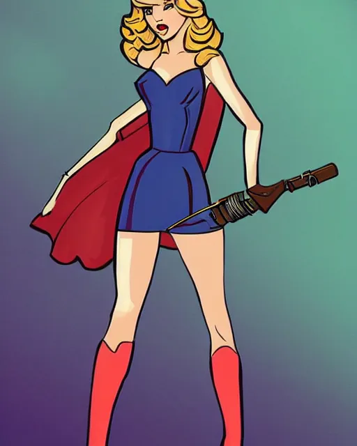 Image similar to taylor swift as a super hero similar to seraphine from league of legends with a microphone in her hand as her weapon drawn in a 1 9 5 0 s cartoon on a saturday morning style, hugh quality, very well proportioned silhouette