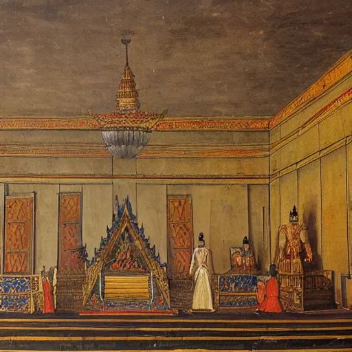 Prompt: 1 9 th century historical painting representing interior of the royal hall of khmer empire, throne, servers, cables, high quality, hermitage museum catalog