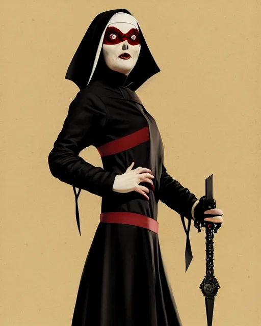 Image similar to single scary female vampire nun, evil grin, nun outfit, portrait size, photoshoot, powerful, super detailed and intricate, by koson ohara, by darwyn cooke, by greg rutkowski, by satoshi kon